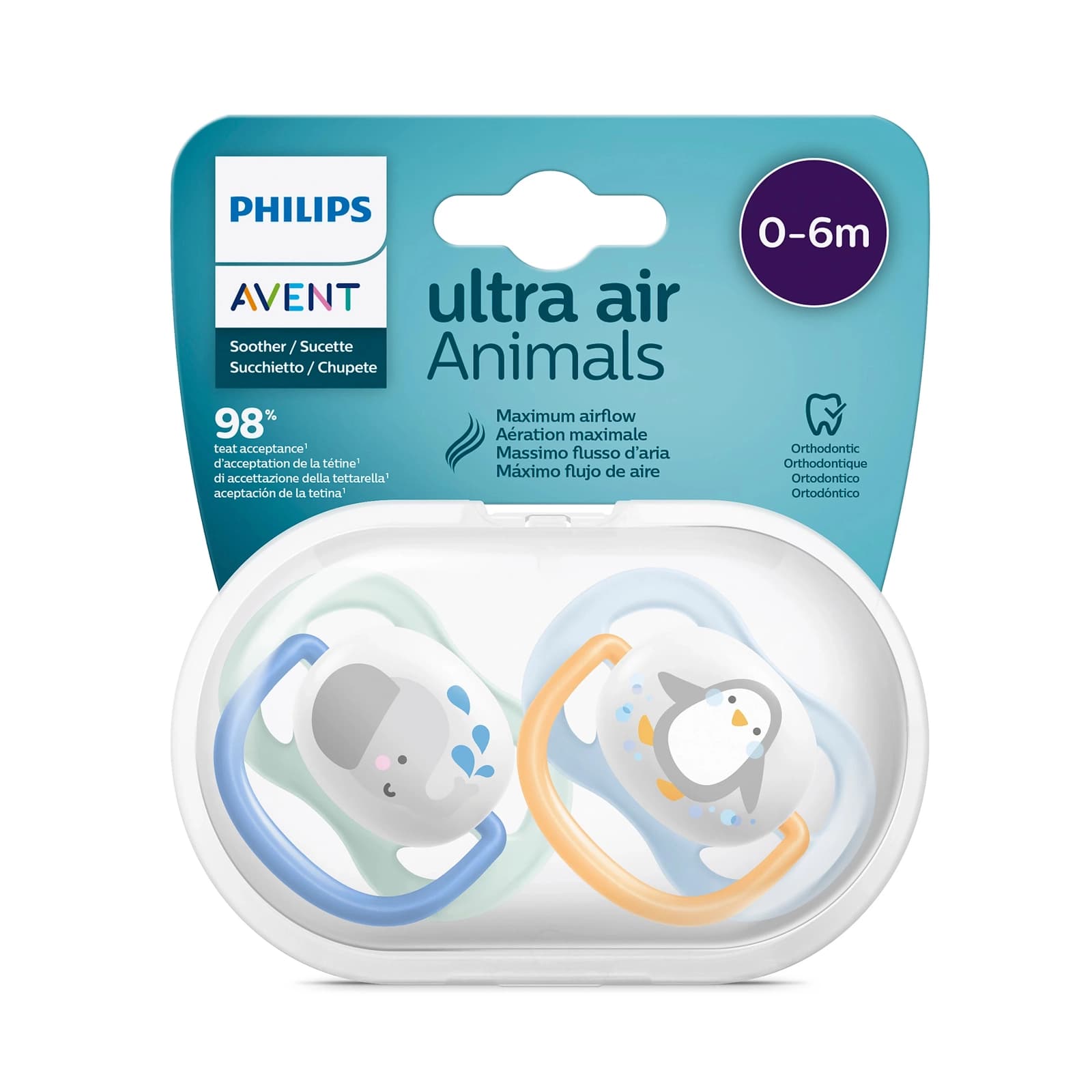 Philips Avent Ultra Air Animals Lot De 2 Sucettes Garcon 0-6 Mois – Pingouin & Elephant Scf080/05