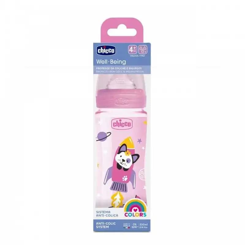 Chicco Well-being Biberon Plastique (polypropylene) Rose - Debit Rapide 4m+ - 330ml