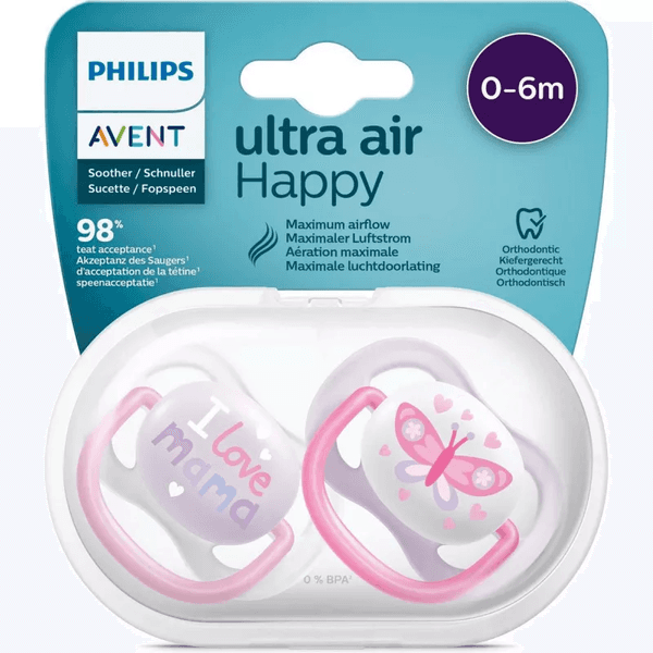 avent sucette ultra air happy fille 0-6m b/2